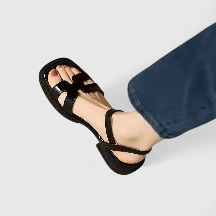 Women black open toe H-strap slingback sandals with square toe and low sole