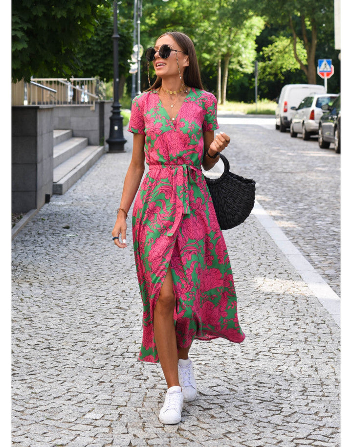 Women V Neck Floral Print Short Sleeve Summer Wrap Midi Dress