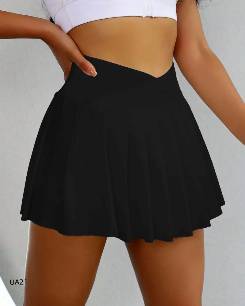 Women black high waist pleated mini skirt with V-shaped waistband, front view