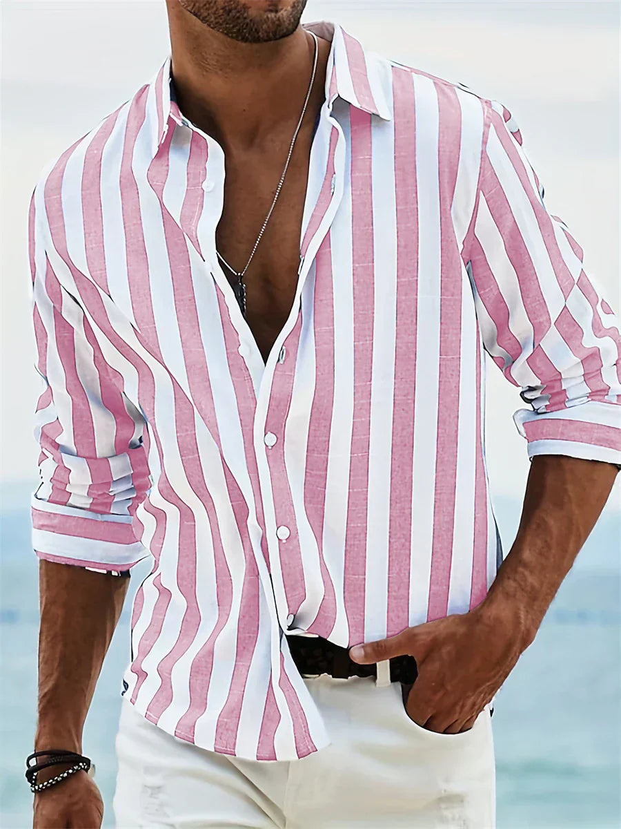 Men pink striped long sleeve button down shirt with collar, front view, sleeves rolled up