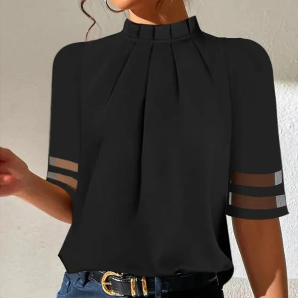 Women black mock neck blouse with three-quarter sheer striped sleeves and front pleats