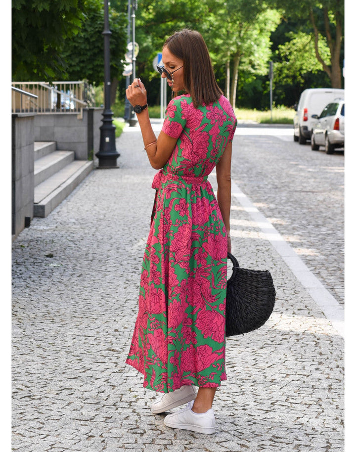 Women V Neck Floral Print Short Sleeve Summer Wrap Midi Dress