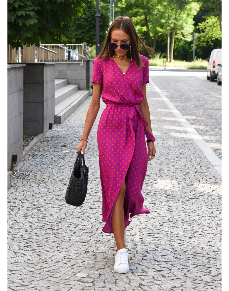 Women V Neck Floral Print Short Sleeve Summer Wrap Midi Dress