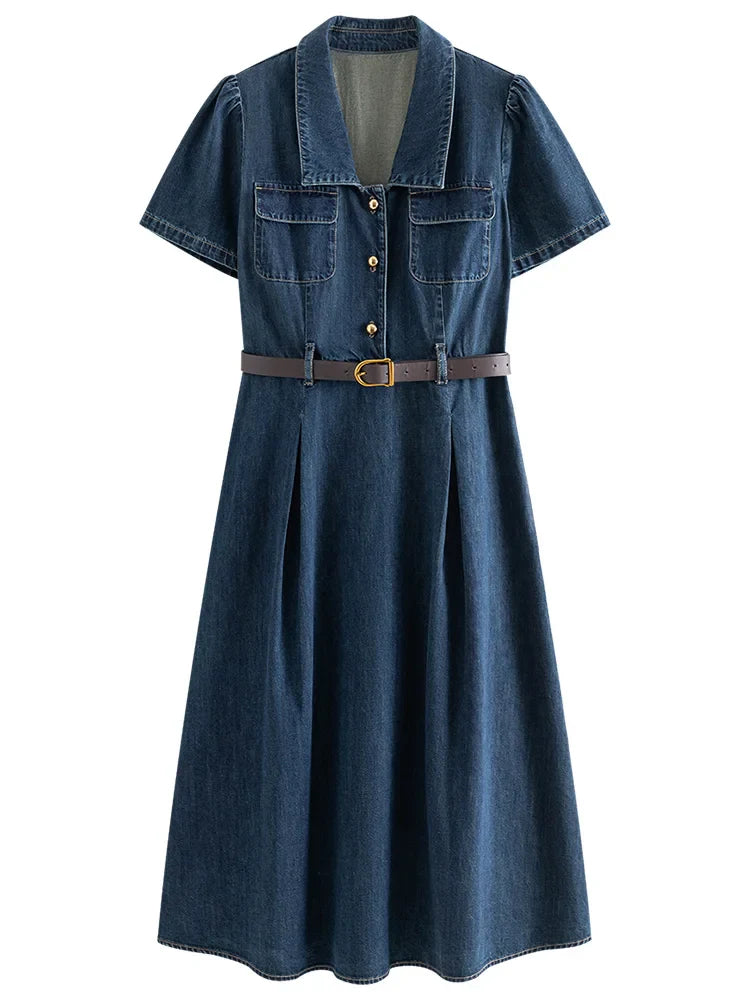 Women Spring Elegant Denim Button-Down Midi Dress with Belt