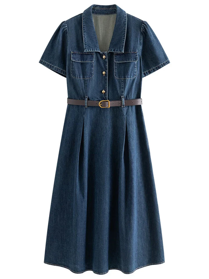 Women Spring Elegant Denim Button-Down Midi Dress with Belt