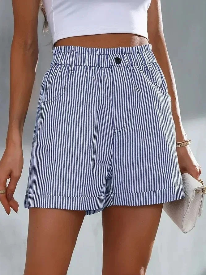 Women blue and white striped high waisted shorts with elastic waistband and cuffed legs