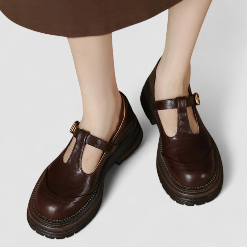 Women brown classic buckle mary jane platform shoes worn on feet, view from above.