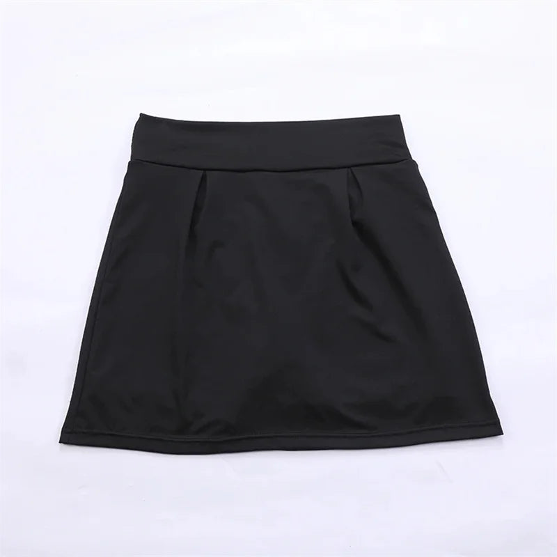 Women black high waisted mini skirt with pleats and smooth fabric shown laid flat front view