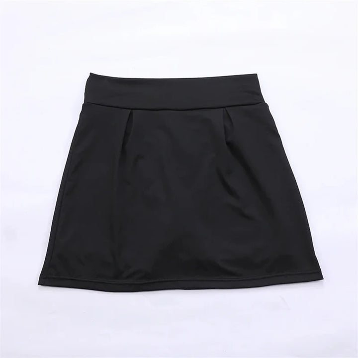 Women black high waisted mini skirt with pleats and smooth fabric shown laid flat front view