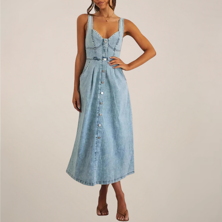 Women light blue sleeveless denim midi dress with front button closure and fitted bodice