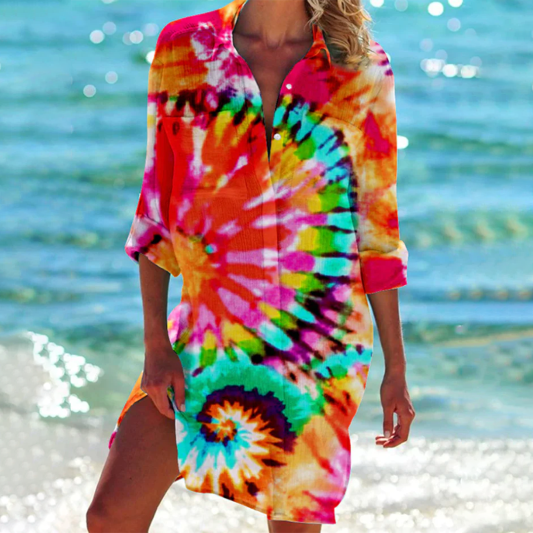 Women's multicolored tie-dye mini dress with long rolled-up sleeves and button-down front
