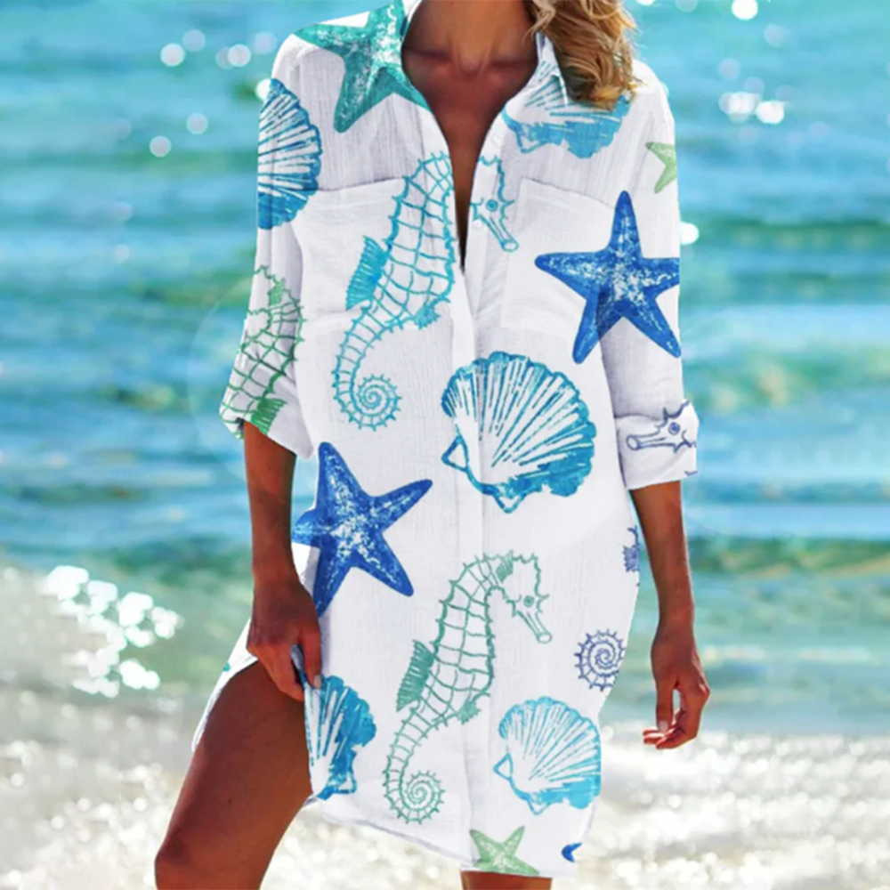 Women's white and blue printed Mini Dress with starfish and seahorse motifs, button-down