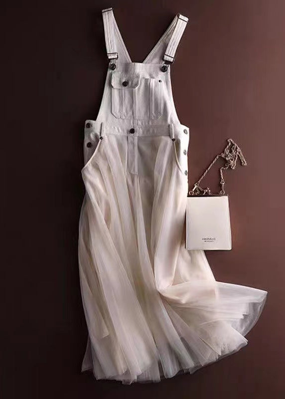 Women off-white denim tulle patchwork midi dress with front view and white bag accessory