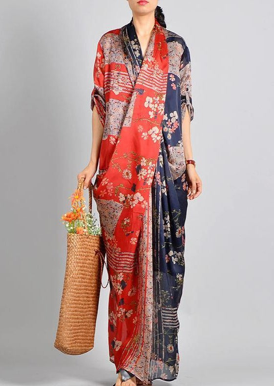 Women red and navy patchwork floral maxi dress with V-neckline, full front view