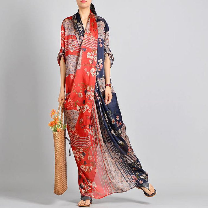 Women red and navy floral maxi dress with flowing fabric and draped V-neck