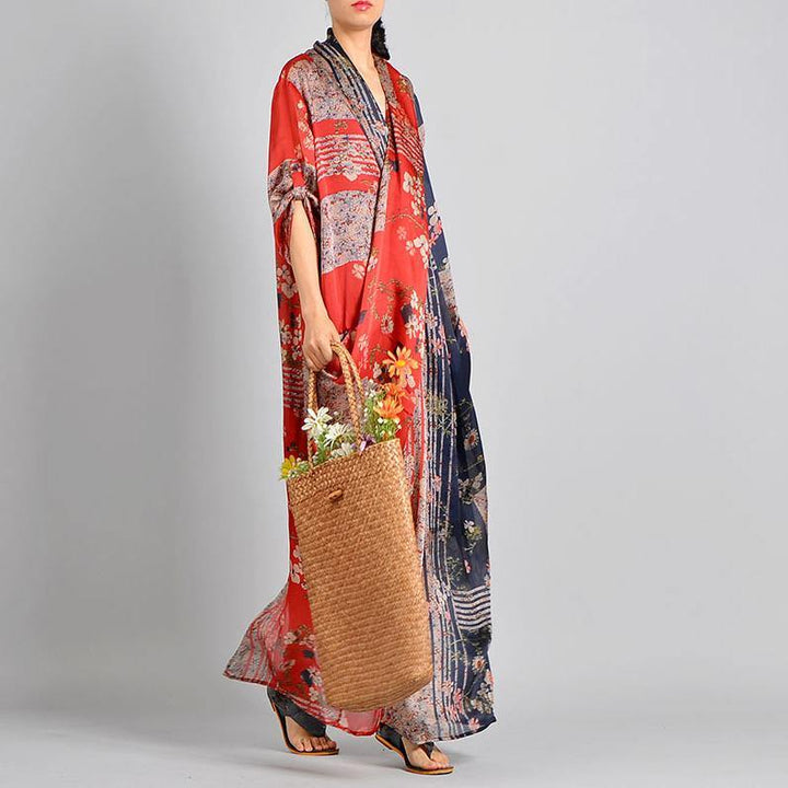 Women red and navy patchwork printed maxi dress, side view with basket