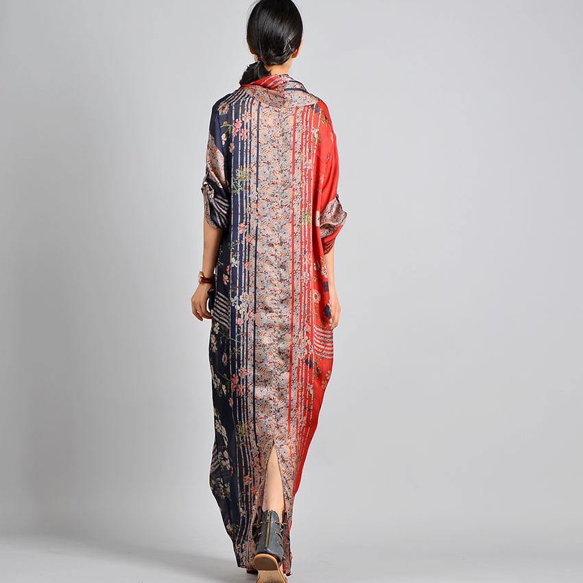 Women red and navy patchwork floral maxi dress, back view showing print