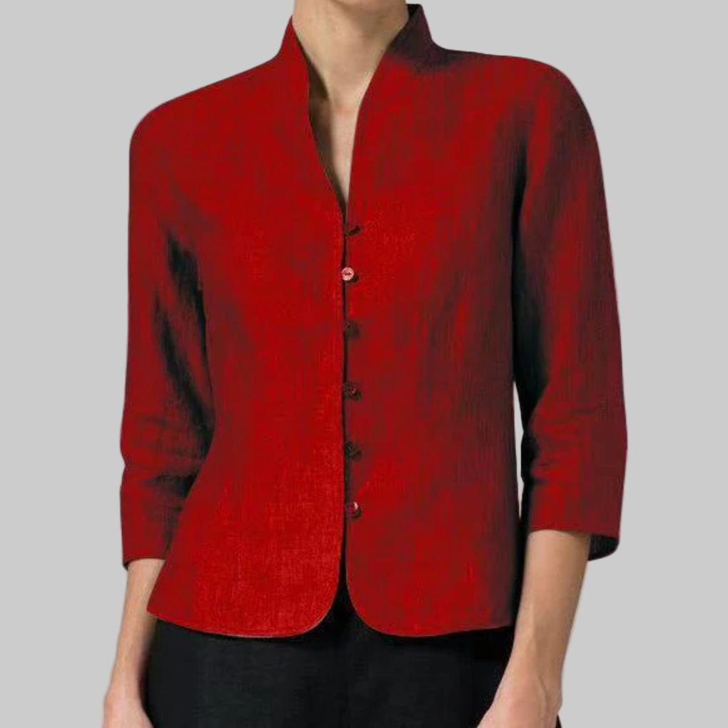 Women red stand collar button up blouse with three quarter sleeves, front view with curved hem