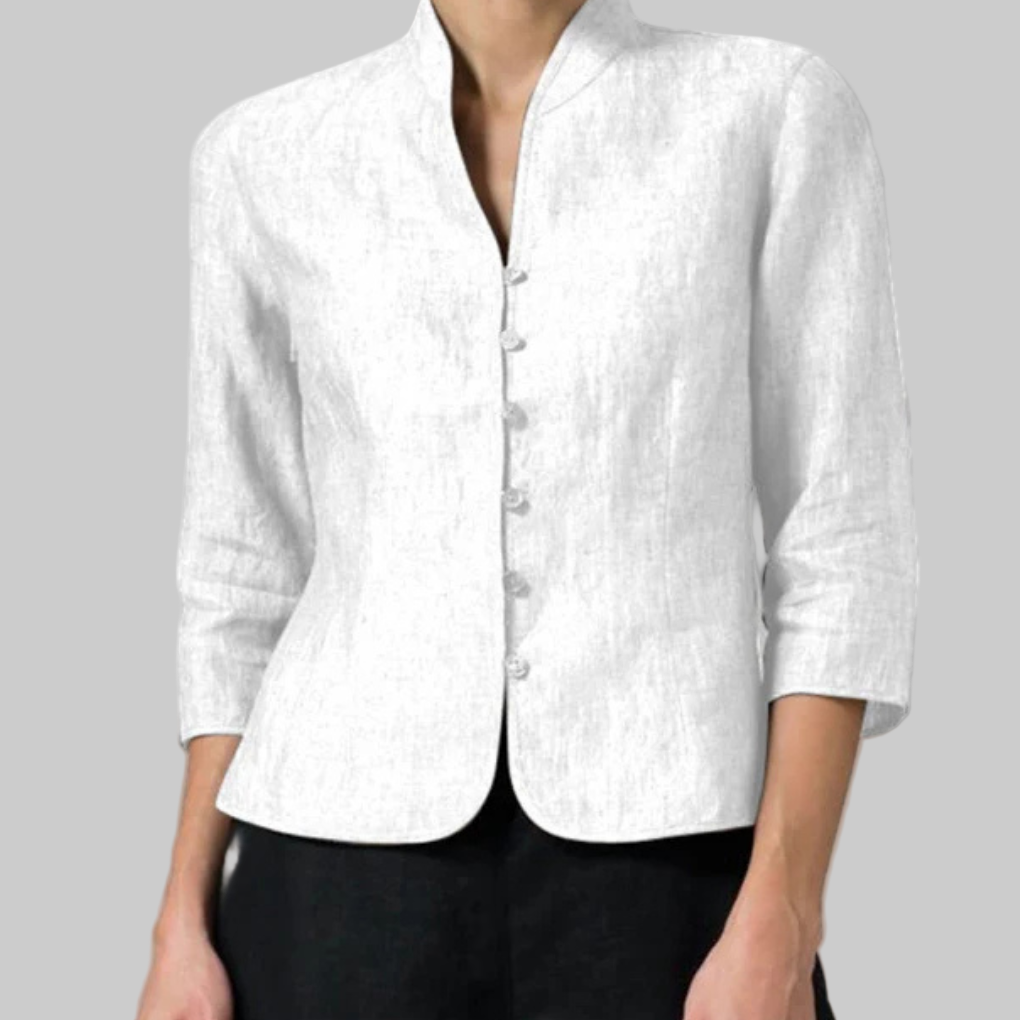 Women white stand collar button up blouse with three quarter sleeves, front view with curved hem