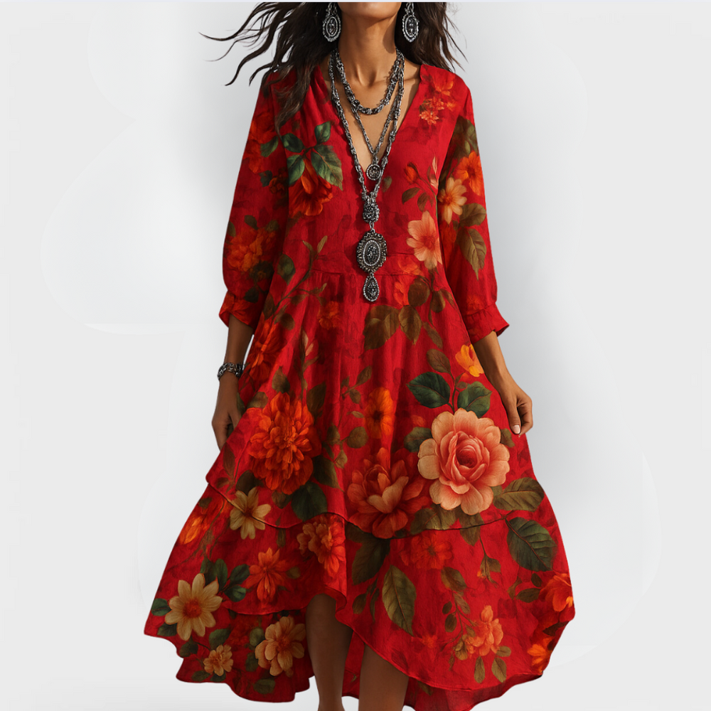 Women red floral maxi dress with long sleeves and tiered high-low skirt, front view