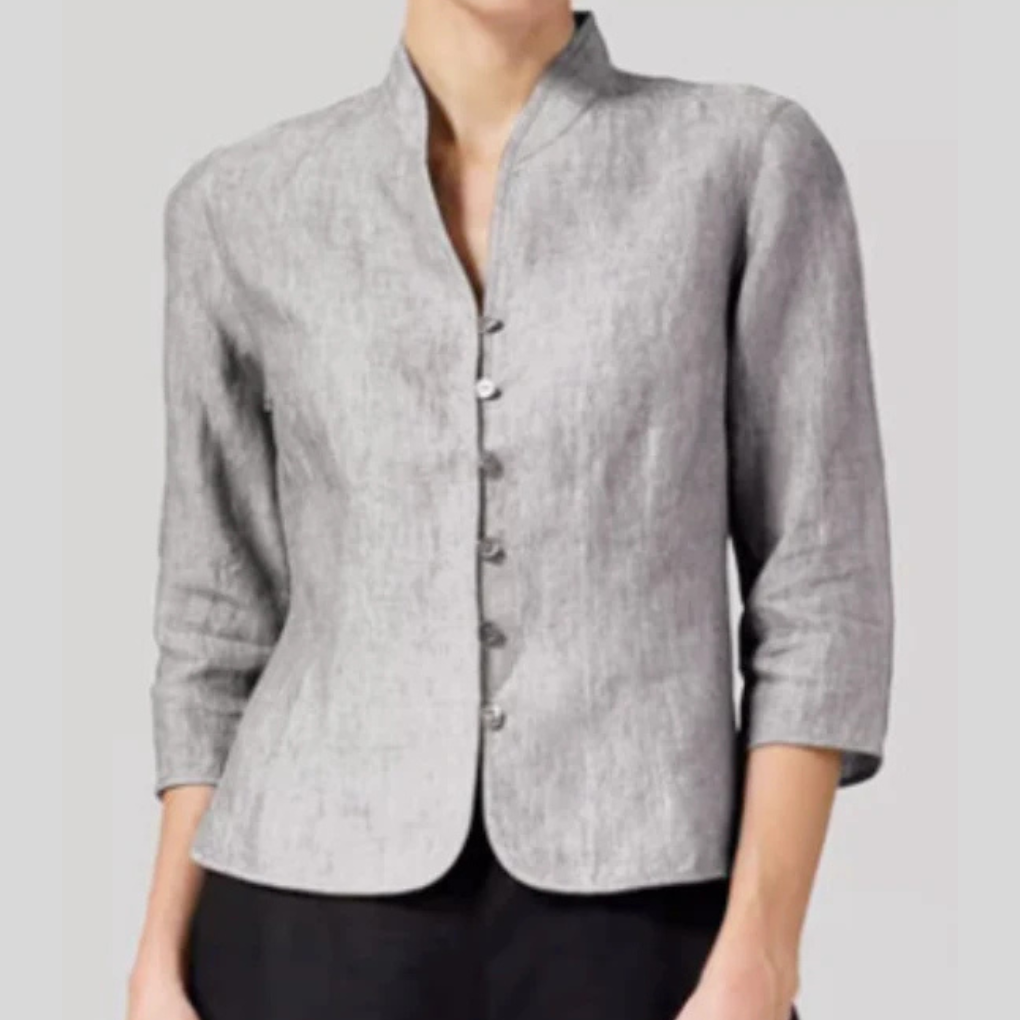 Women grey stand collar button up blouse with three quarter sleeves, front view with curved hem