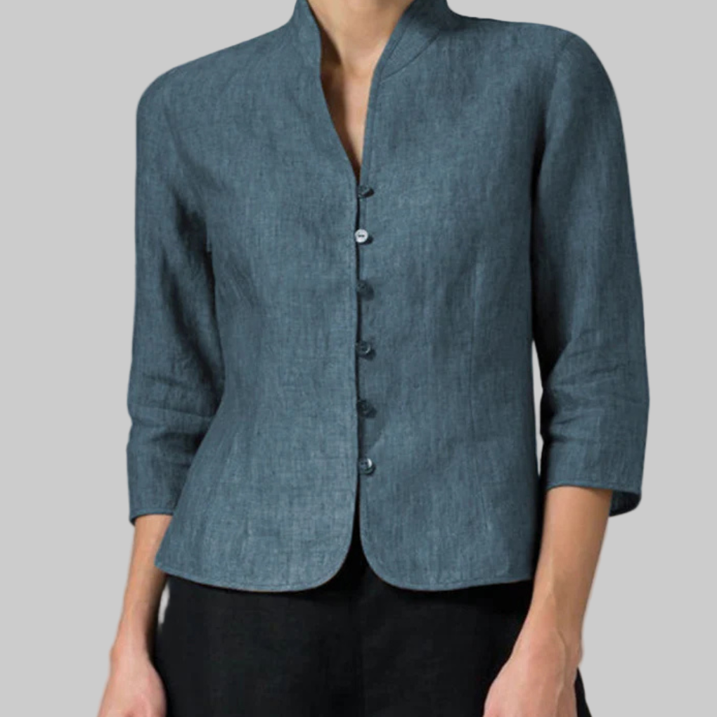 Women blue stand collar button up blouse with three quarter sleeves, front view with curved hem