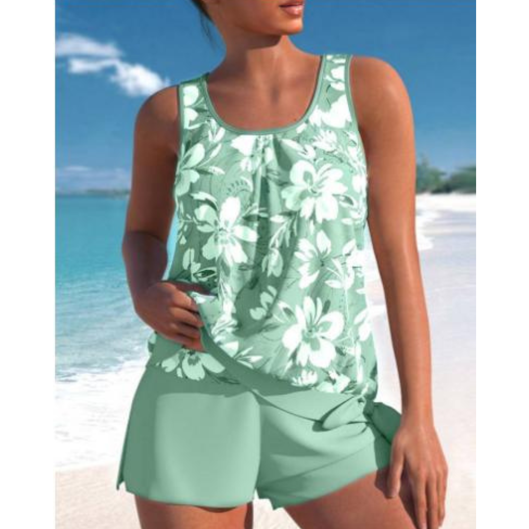 Women light green floral print tankini top with scoop neckline and matching high-waisted shorts