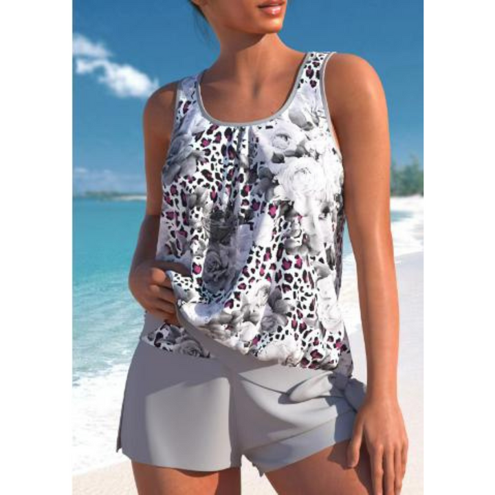 Women white leopard and floral print tankini top with scoop neckline and grey shorts