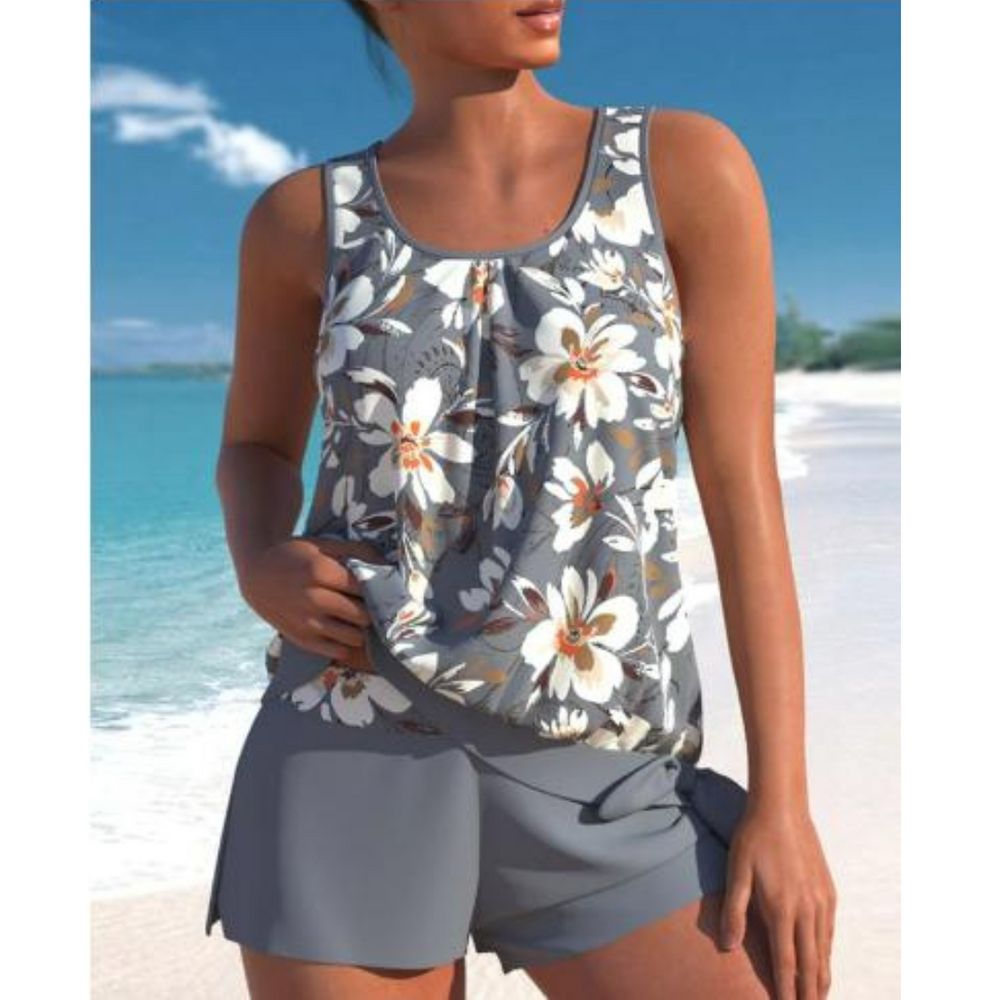 Women grey floral print tankini top with scoop neckline and matching high-waisted shorts side detail