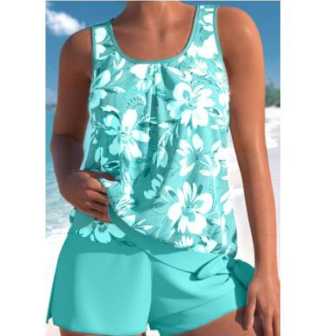 Women light blue floral print tankini top with scoop neckline and matching high-waisted shorts