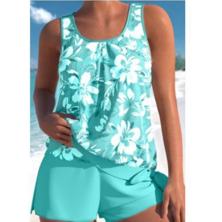Women light blue floral print tankini top with scoop neckline and matching high-waisted shorts