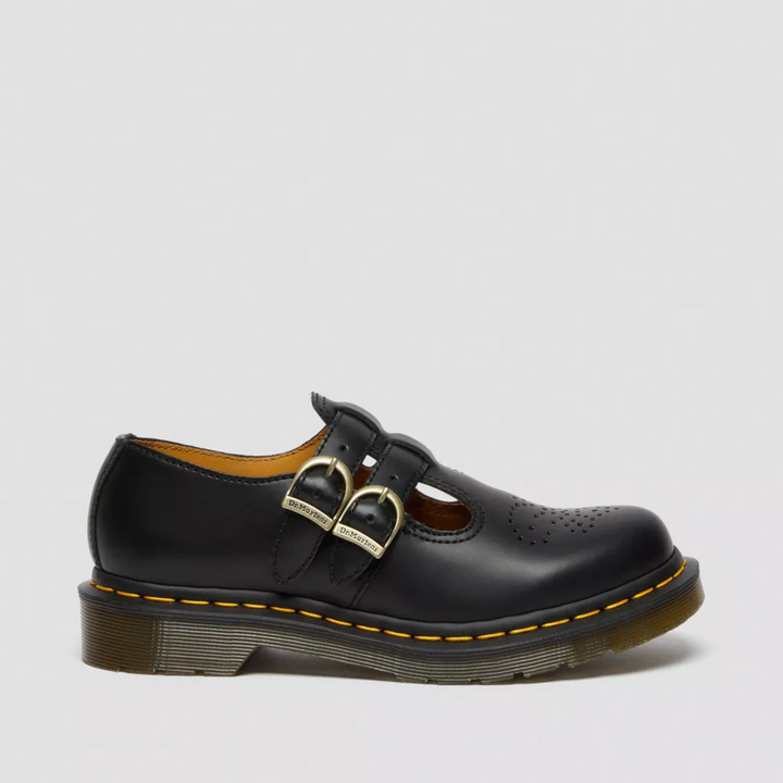Women black double buckle Mary Janes with gold-tone hardware and platform sole