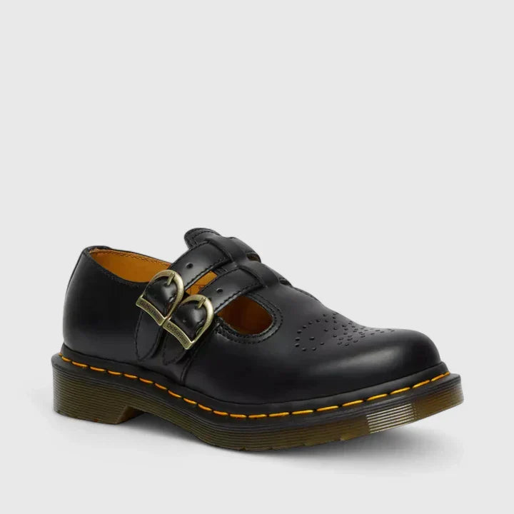 Women black double buckle Mary Janes shoe with round toe and chunky sole