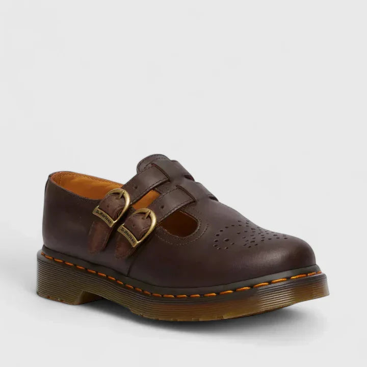 Women brown double buckle Mary Janes shoe with round toe and perforated details