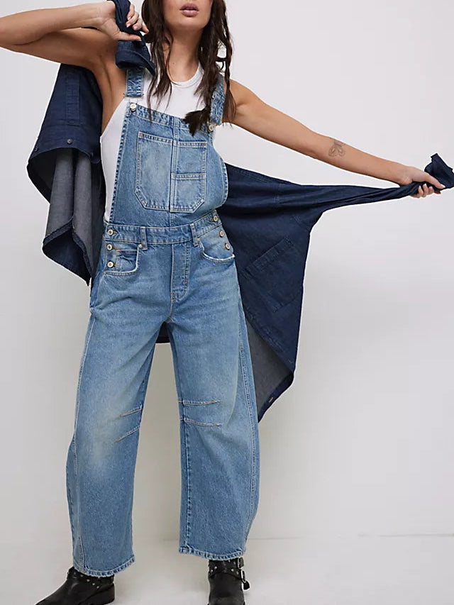 Women light wash denim wide leg overalls with bib pocket and adjustable straps, front view