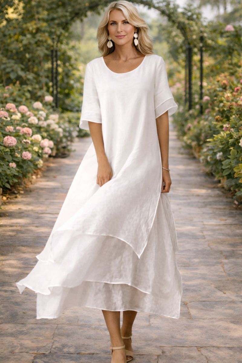 Women white scoop neck layered midi dress with short sleeves, full-body outdoor shot