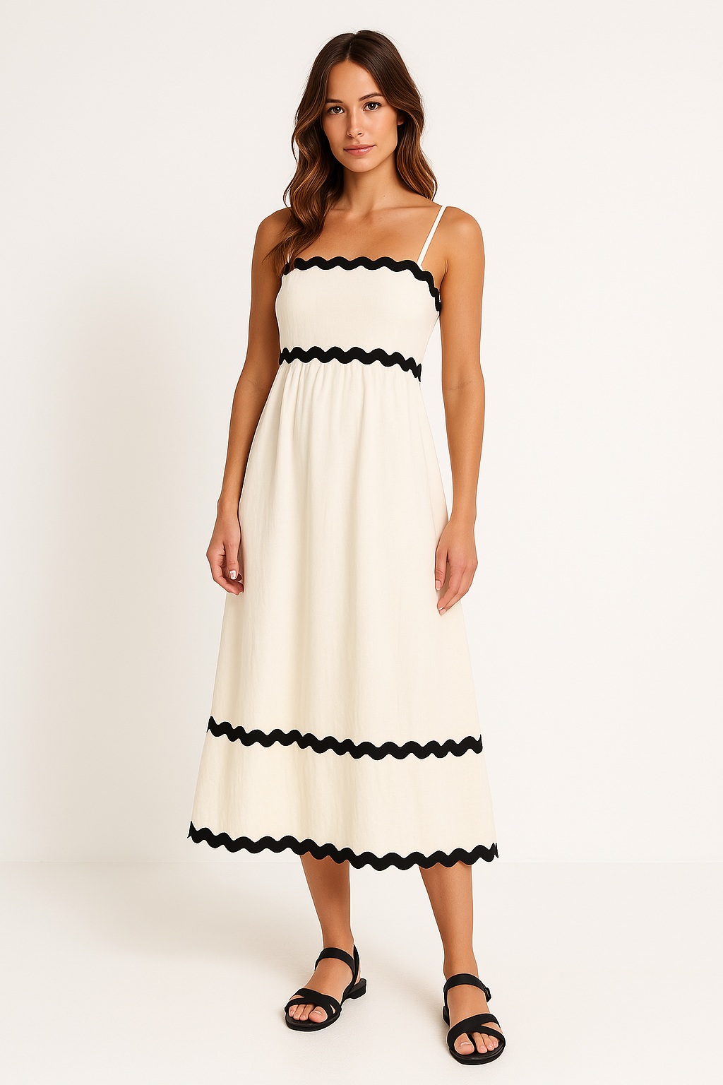 Women cream A-line spaghetti strap maxi dress with black scalloped trim at waist and hem, front view
