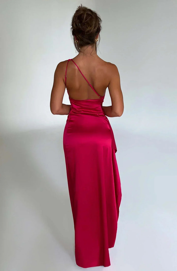 Women fuchsia one shoulder maxi dress with open back and single strap