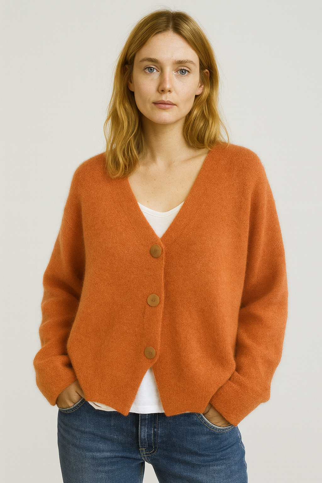 Women's orange V-neck knit cardigan with full button front closure and long sleeves. Model hands in pockets.