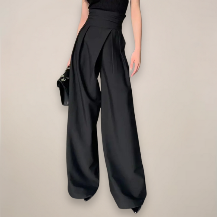 Women black high waisted wide leg slacks with front pleats and wrap detail, front view.