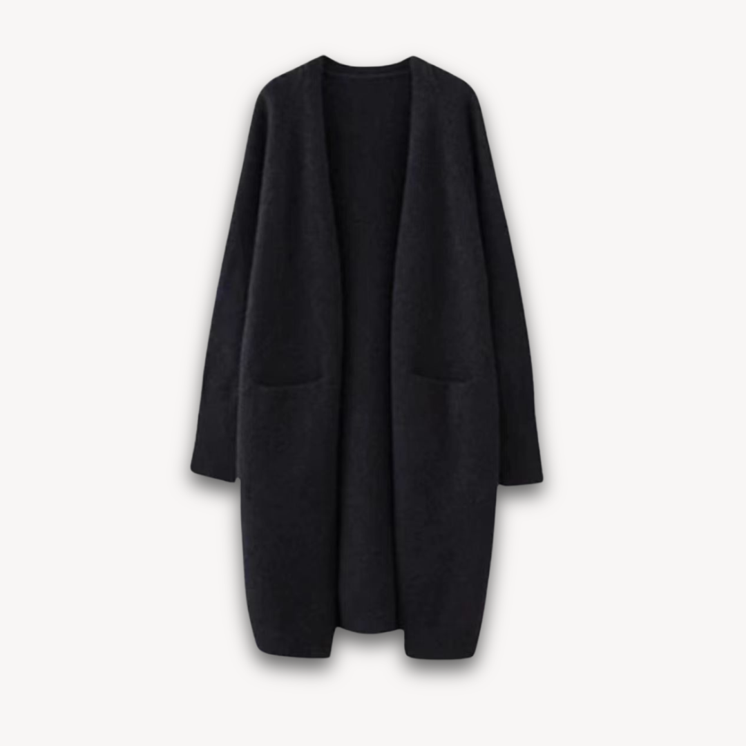 Women black long open front knit cardigan with two patch pockets and extended length