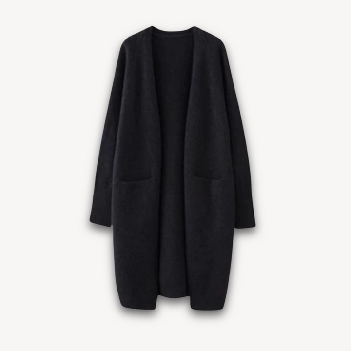 Women black long open front knit cardigan with two patch pockets and extended length