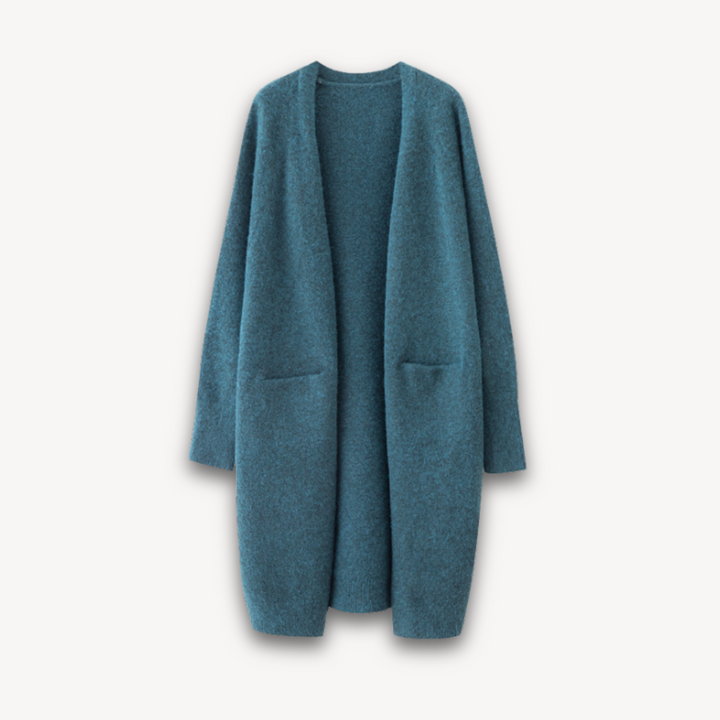 Women blue long open front knit cardigan showcasing the knit texture and long sleeves
