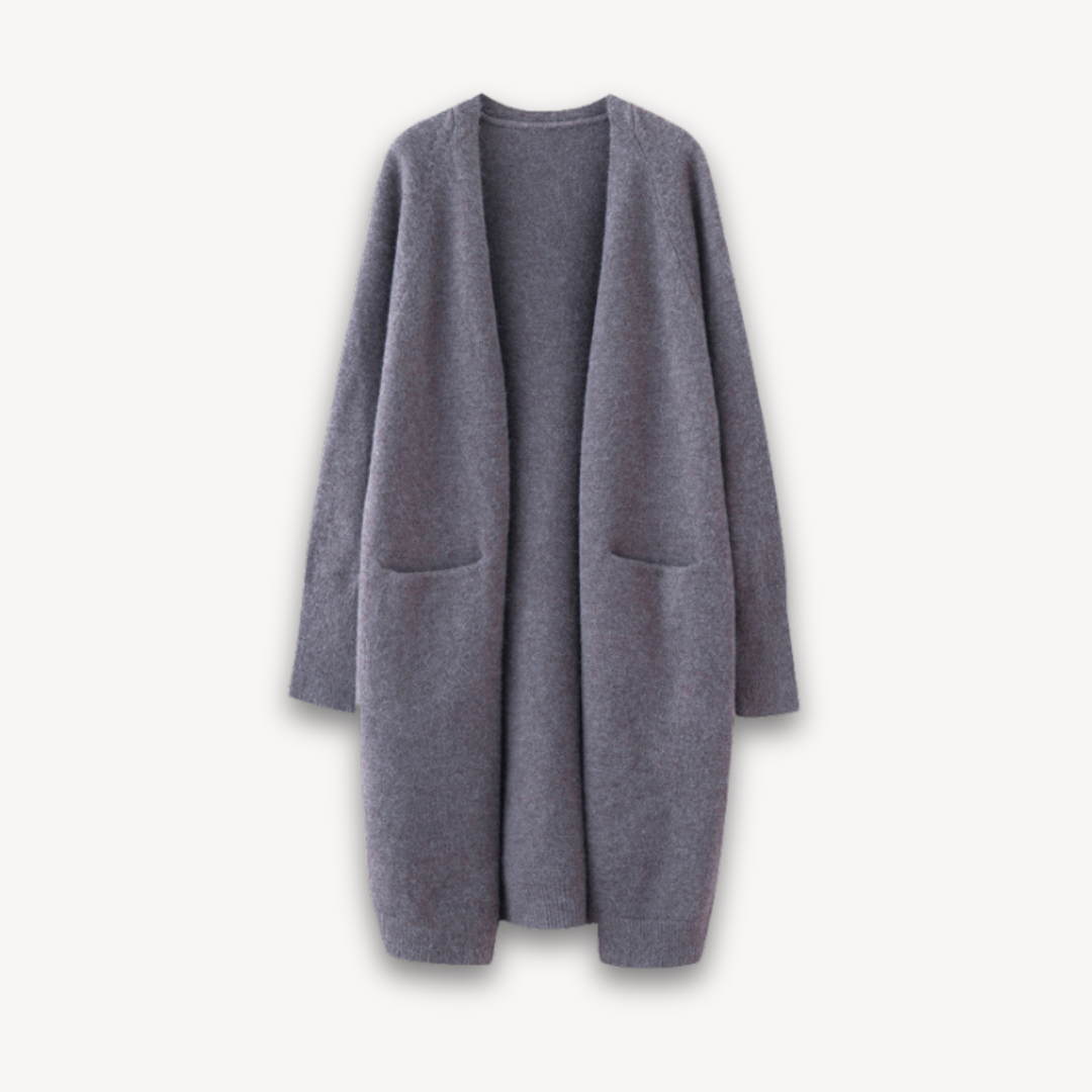 Women gray long open front knit cardigan with visible knit pattern and open front style