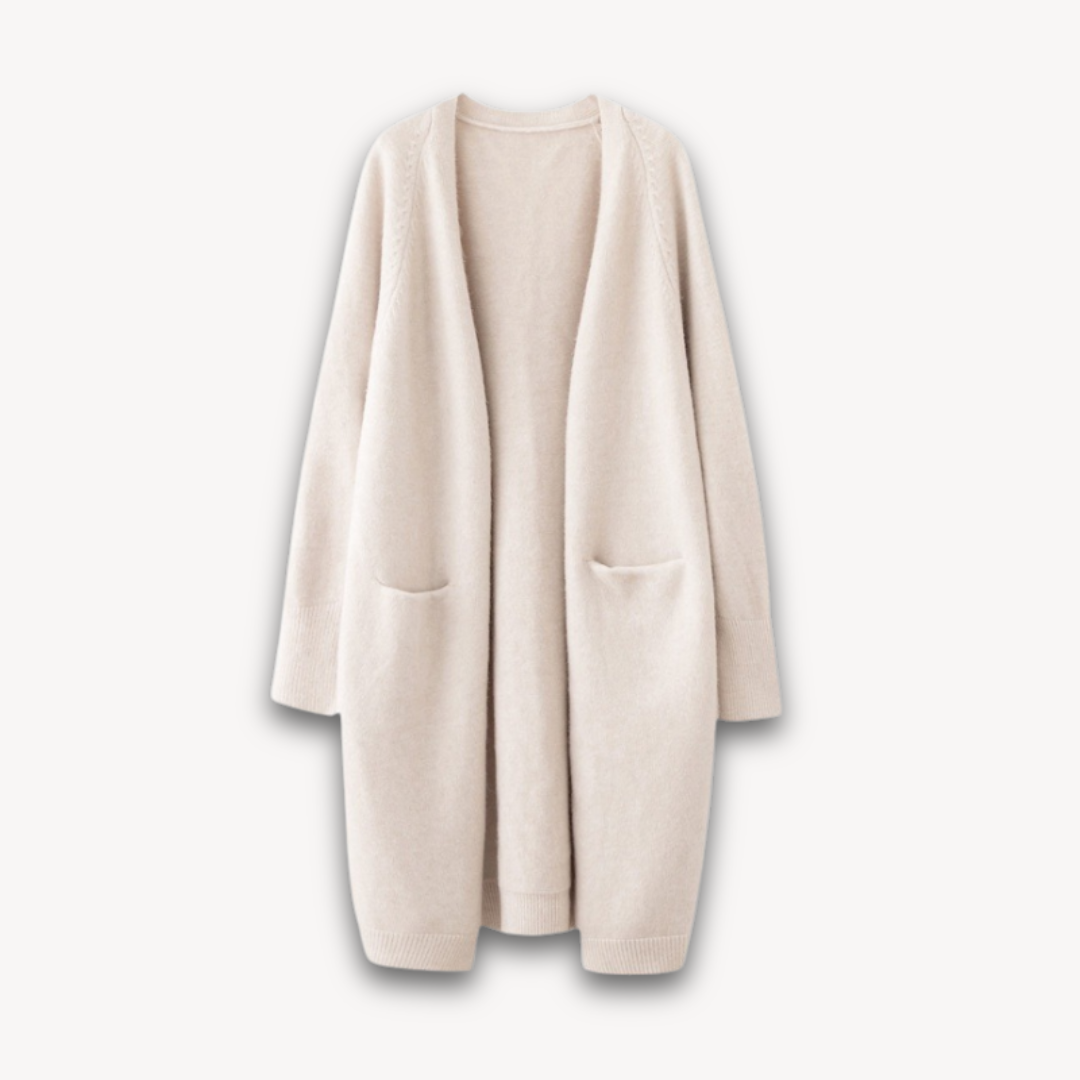 Women beige long open front knit cardigan with two front pockets on a white background