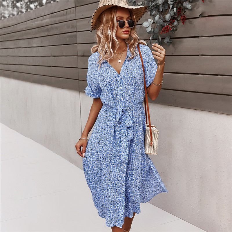 Women's blue floral print midi dress with V-neck, short sleeves, and tie-waist, front view