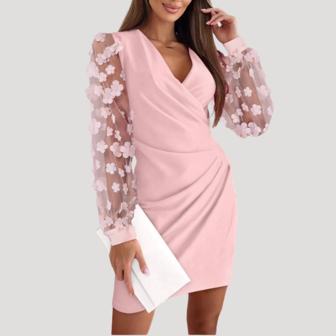 Women pink V neck mini dress with long sheer 3D floral applique sleeves and ruched side detail