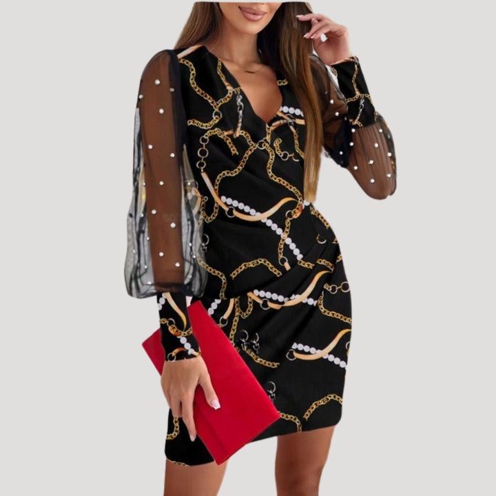 Women pink V-neck sheer 3D floral applique long sleeve wrap mini dress, front view