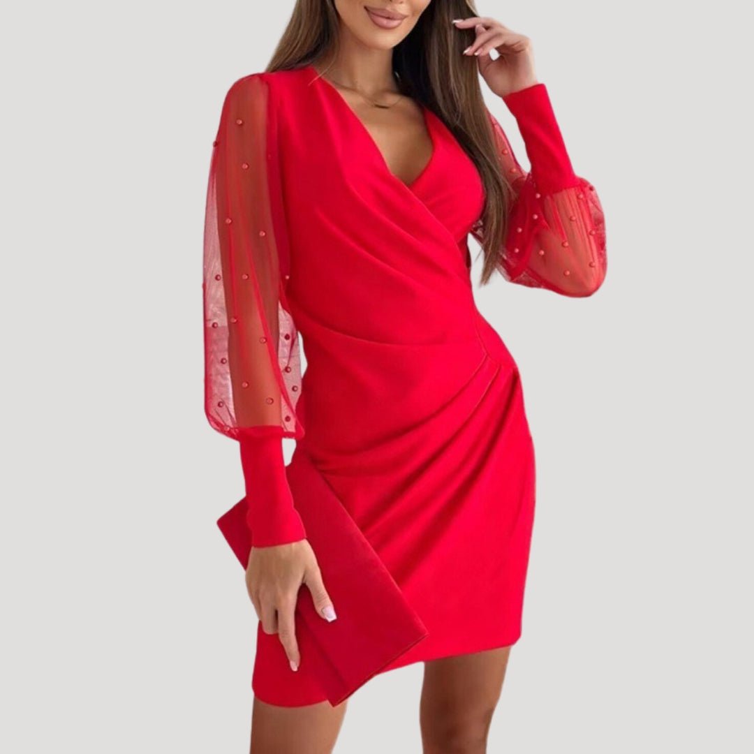 Women Spring Elegant Sheer Sleeve V-Neck Mini Wrap Dress