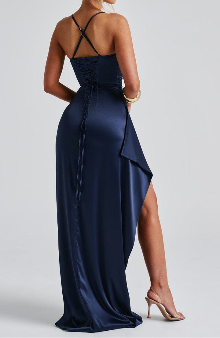 Women navy satin maxi dress back view with lace-up corset detail and cross straps